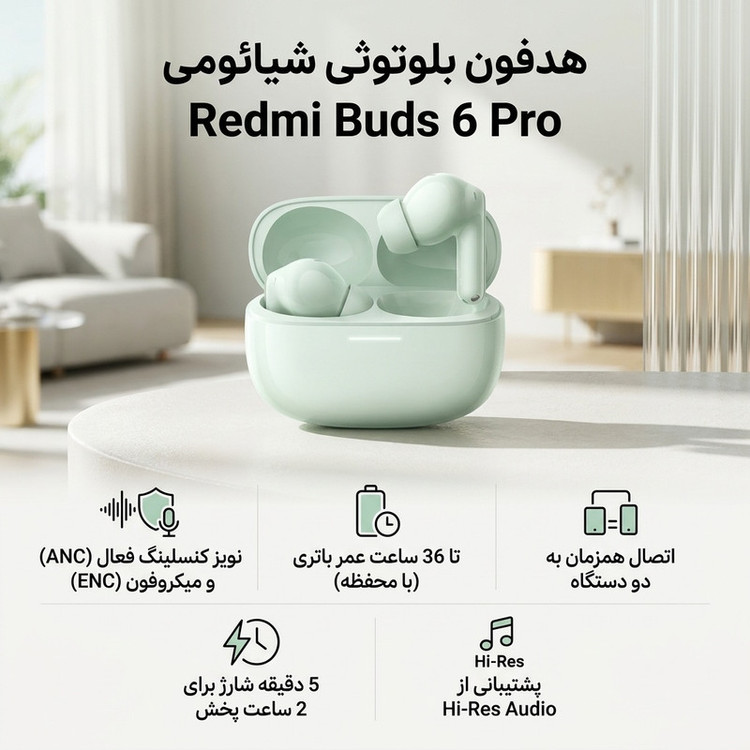 هدفون بلوتوثی شیائومی مدل Redmi Buds 6 Pro با نویز کنسلینگ فعال (ANC)، نویز کنسلینگ میکروفون (ENC)، درگاه شارژ USB Type-C، قابلیت اتصال همزمان به دو دستگاه، مقاوم در برابر گرد و غبار